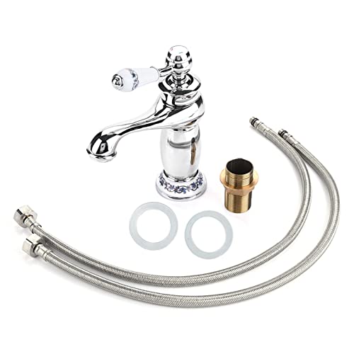 Fdit Ceramic Antique Brass Faucet, Bathroom Sink Faucet, Long Neck Vintage Sink Tap Kitchen Cold/Hot Water Basin Tap(Chromed) - Image 5