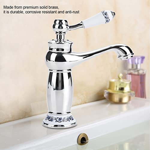 Fdit Ceramic Antique Brass Faucet, Bathroom Sink Faucet, Long Neck Vintage Sink Tap Kitchen Cold/Hot Water Basin Tap(Chromed) - Image 3