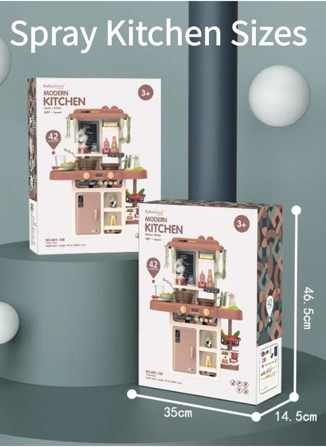 Simulation spray kitchen toys, with 42 pieces of kitchenware sets, realistic lights and sound effects, simulate real kitchen cooking scenes, with recycling spout, suitable for children, boys and girls, Size: 63 * 45.2 * 22cm