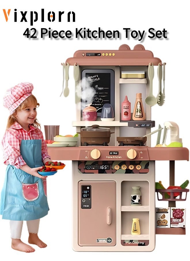 Simulation spray kitchen toys, with 42 pieces of kitchenware sets, realistic lights and sound effects, simulate real kitchen cooking scenes, with recycling spout, suitable for children, boys and girls, Size: 63 * 45.2 * 22cm