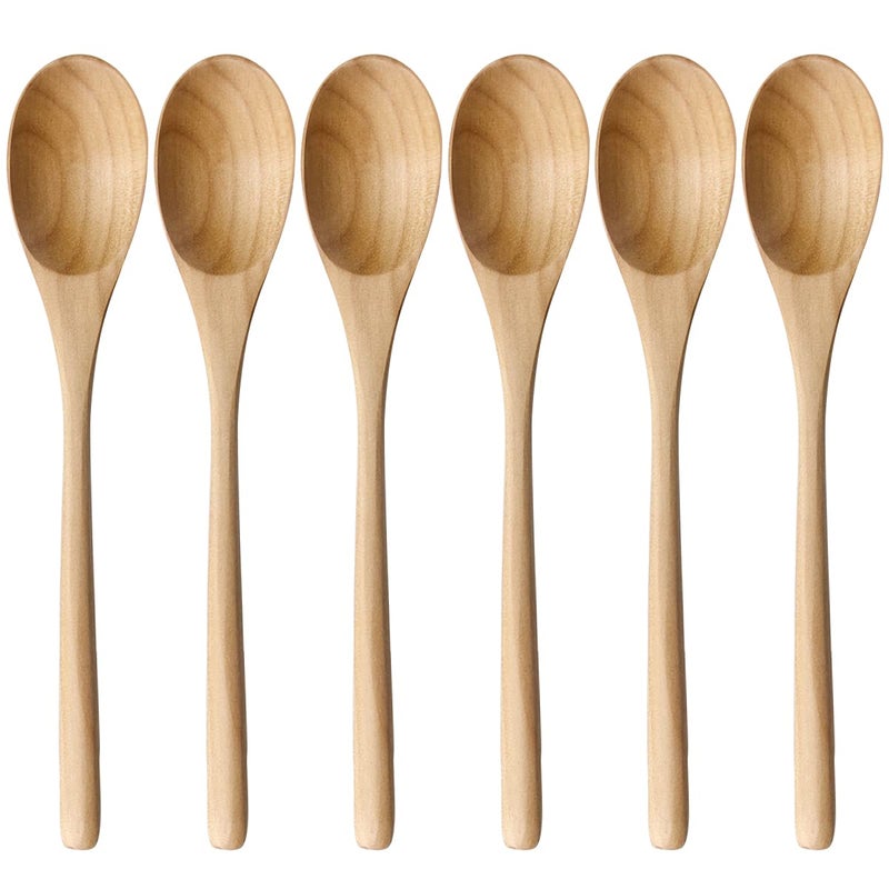 AOOSY Wooden Spoons for Cooking 9 Inches 6 Pieces Japanese Natural Ellipse Wooden Spoon Set for Cooking Mixing Stirring Honey Tea Soda Dessert Coconut Bowl Nonstick Pots Kitchen
