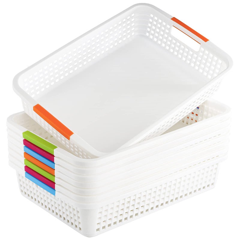 Lawei 8 Pack Large Plastic Storage Basket with Handle - 15 x 10 x 3 Inch Pantry Organizer Basket Bins Desktop Paper Storage Basket for Organization, Countertops, Cabinets, Bedrooms, Bathrooms - Image 1