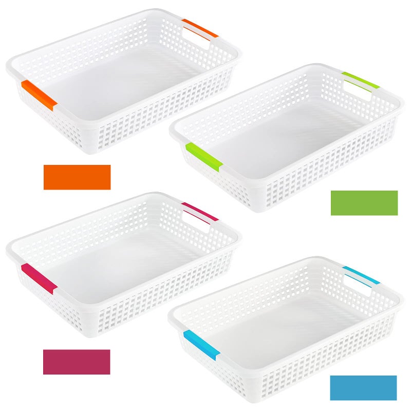 Lawei 8 Pack Large Plastic Storage Basket with Handle - 15 x 10 x 3 Inch Pantry Organizer Basket Bins Desktop Paper Storage Basket for Organization, Countertops, Cabinets, Bedrooms, Bathrooms - Image 3