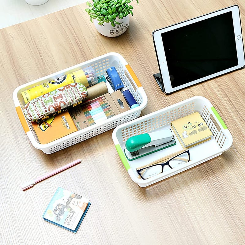 Lawei 8 Pack Large Plastic Storage Basket with Handle - 15 x 10 x 3 Inch Pantry Organizer Basket Bins Desktop Paper Storage Basket for Organization, Countertops, Cabinets, Bedrooms, Bathrooms - Image 5