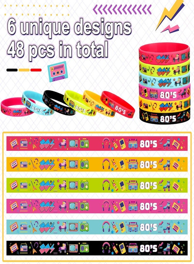 Leitee 48 Pcs 80s Party Favors 1980s Themed Silicone Bracelets 80s Jewelry for Women Men Radio Roller Skate 80s Bracelets Retro Rubber Wristbands for 1980s Party Birthday Music Party Supplies - Image 2