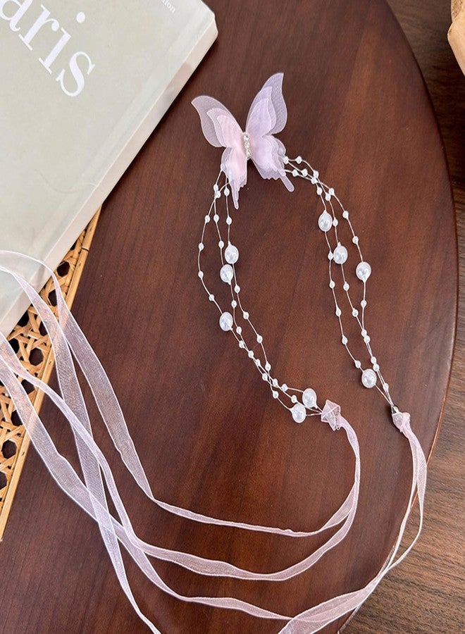 Rannyrena Boho Lace Butterfly Y Necklace Layered Long Wrap Choker Necklace Dainty Pearl Station Bow Tie Necklace for Women (Pink) - Image 2