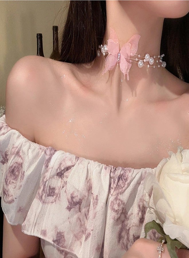 Rannyrena Boho Lace Butterfly Y Necklace Layered Long Wrap Choker Necklace Dainty Pearl Station Bow Tie Necklace for Women (Pink) - Image 5