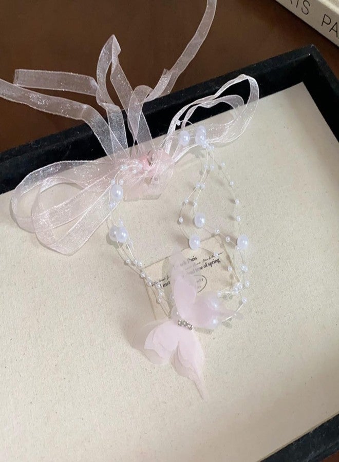 Rannyrena Boho Lace Butterfly Y Necklace Layered Long Wrap Choker Necklace Dainty Pearl Station Bow Tie Necklace for Women (Pink) - Image 3