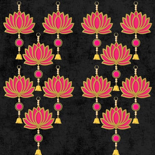 ARLICORPING Wooden Lotus Wall Hanging for Festive Decoration – Diwali, Ganpati, Pooja Room, Mandir, Living Room, Door, Hall, Entrance, Spiritual Decor (Lotus + Bell-Pink, Pack of 12) - Image 1