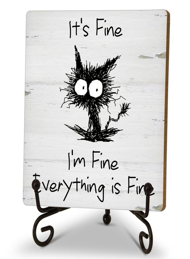 TIRYWT Home Office Decor Gifts for Women Men, Humorous Wooden Plaque with Stand, Black Cat Desk Decor for Home Office Table Shelf Decorations, Everything is Fine - B08 - Image 1