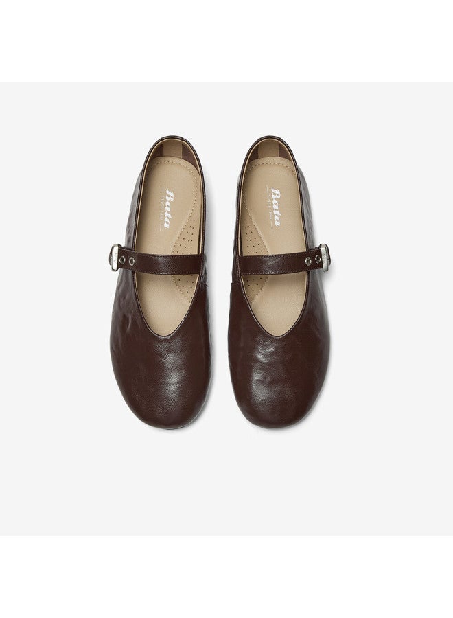 Bata Sheepskin Mary Jane Flats Women Autumn Shallow Shoes Qi Ji Red Auo01cq5 Brown Red Size 34 - Image 2
