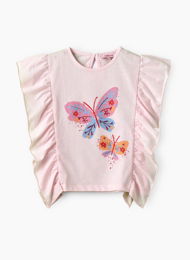 جيلين بلوزة بناتي وردية بطبعات فراشات وكشكشة - Image 1