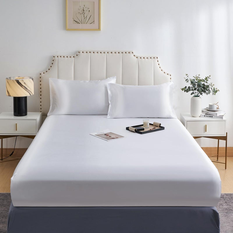 DuShow Fitted SheetDeep Pocket Satin Silky Bed SheetBreathable Soft and ComfortableWrinkleFadeSatin and Abrasion ResistantDoubleWhite