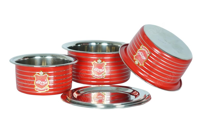 Nirvika Stainless Steel Powder Coating Red Tope with Lid Cooking Serving Bowl Cookware Set of 3 Pieces Size 0750 L 1100 L 1500 L RedStainless Steel NonStick - Image 5
