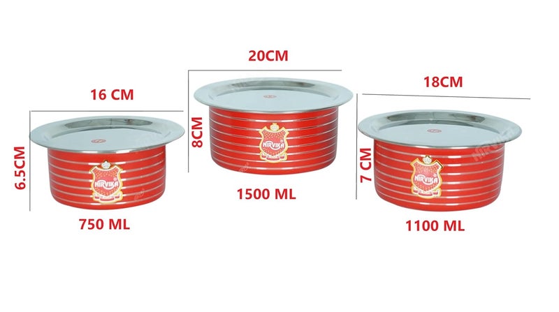 Nirvika Stainless Steel Powder Coating Red Tope with Lid Cooking Serving Bowl Cookware Set of 3 Pieces Size 0750 L 1100 L 1500 L RedStainless Steel NonStick - Image 4