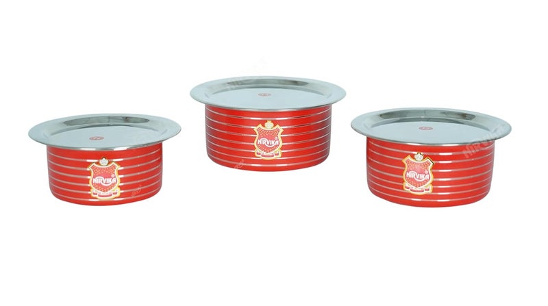 Nirvika Stainless Steel Powder Coating Red Tope with Lid Cooking Serving Bowl Cookware Set of 3 Pieces Size 0750 L 1100 L 1500 L RedStainless Steel NonStick - Image 2