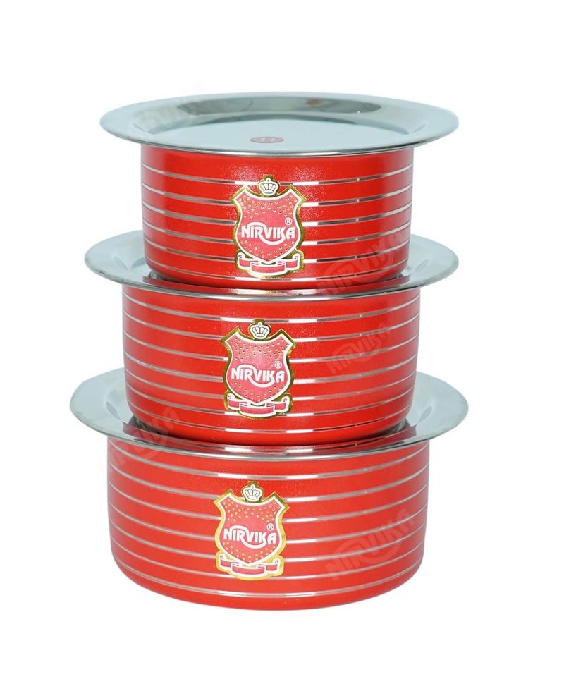 Nirvika Stainless Steel Powder Coating Red Tope with Lid Cooking Serving Bowl Cookware Set of 3 Pieces Size 0750 L 1100 L 1500 L RedStainless Steel NonStick - Image 1