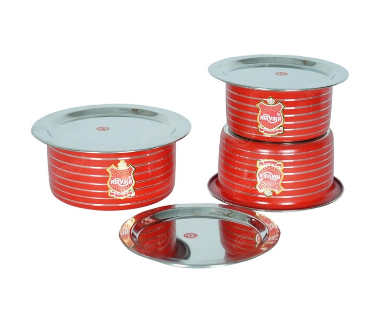 Nirvika Stainless Steel Powder Coating Red Tope with Lid Cooking Serving Bowl Cookware Set of 3 Pieces Size 0750 L 1100 L 1500 L RedStainless Steel NonStick - Image 3