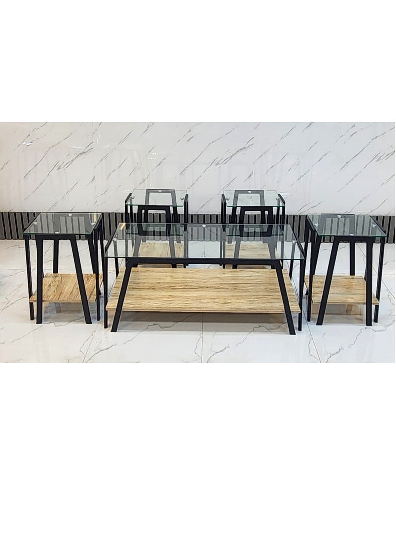 طقم من 5 قطع، طاولة قهوة بسطح زجاجي 1+4 110*60*45 و 40*40*55 سم