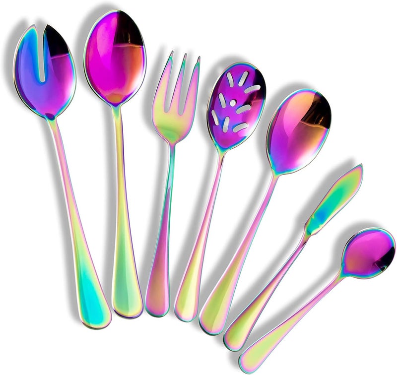 culterman Color rainbow Serving utensils set Stainless Steel Large Hostess Flatware Sets 7Piece Includes Silverware Large Salad SpoonsForksknifeDishwasher Safe - Image 1