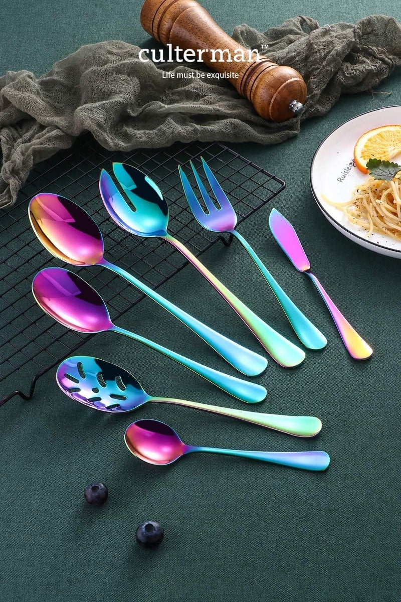 culterman Color rainbow Serving utensils set Stainless Steel Large Hostess Flatware Sets 7Piece Includes Silverware Large Salad SpoonsForksknifeDishwasher Safe - Image 4