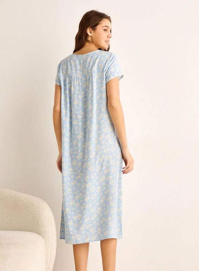 Splash FAV  Midi Night Dress Short Sleeves Floral Print Viscose for Women | Best Price UAE