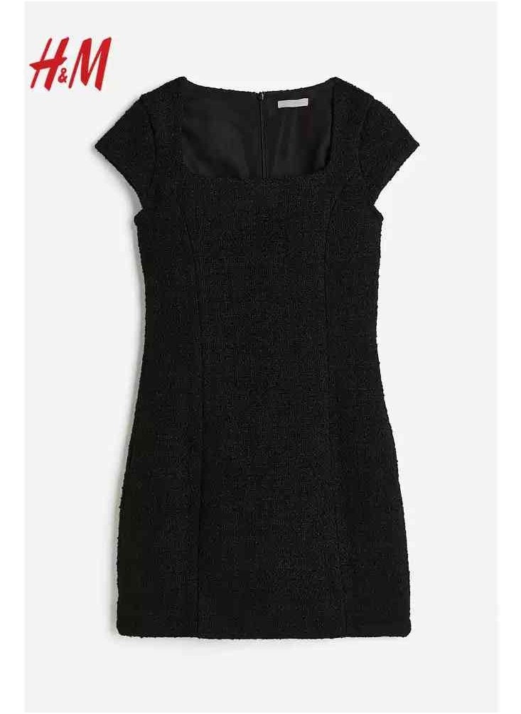 H and M - HM Women's Textured Looped Velvet Slim Fit Square Neck Covered Sleeve Short Dress - Image 1