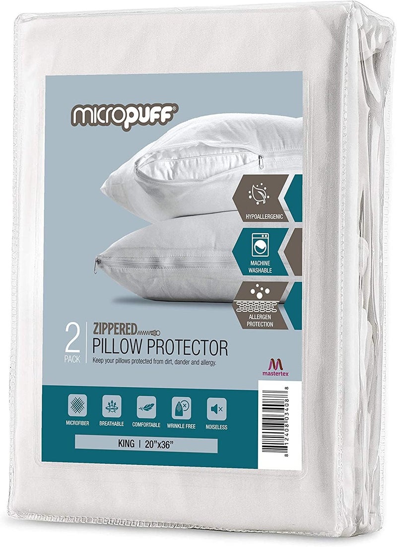 Micropuff King Size Pillow Protectors with Zipper  2 Pack  Soft and Breatheable Pillow Cover Pillowcase Protects Against Stains Spills and Perspiration