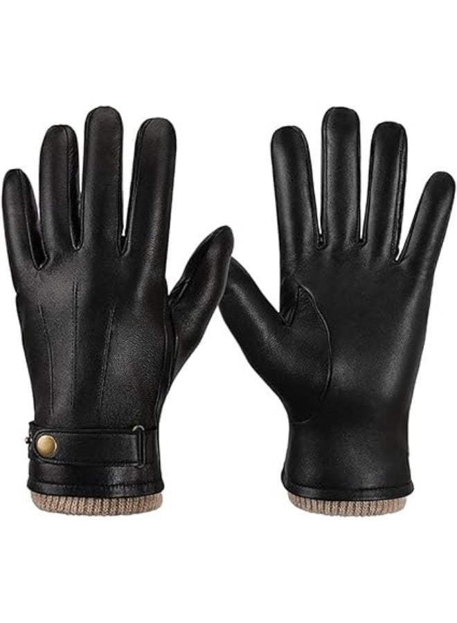 KASTWAVE Winter Leather Gloves for Men, Touchscreen Snap Closure Cycling Black Gloves Outdoor Riding Warm Waterproof Gloves（L） - Image 1