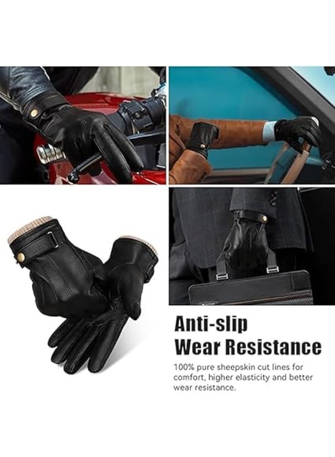KASTWAVE Winter Leather Gloves for Men, Touchscreen Snap Closure Cycling Black Gloves Outdoor Riding Warm Waterproof Gloves（L） - Image 4