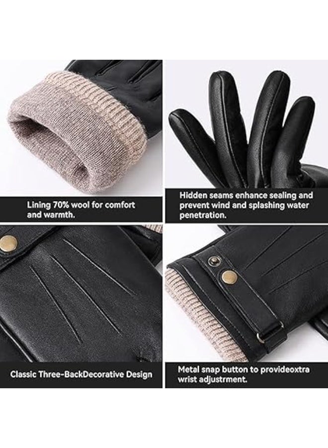 KASTWAVE Winter Leather Gloves for Men, Touchscreen Snap Closure Cycling Black Gloves Outdoor Riding Warm Waterproof Gloves（L） - Image 5