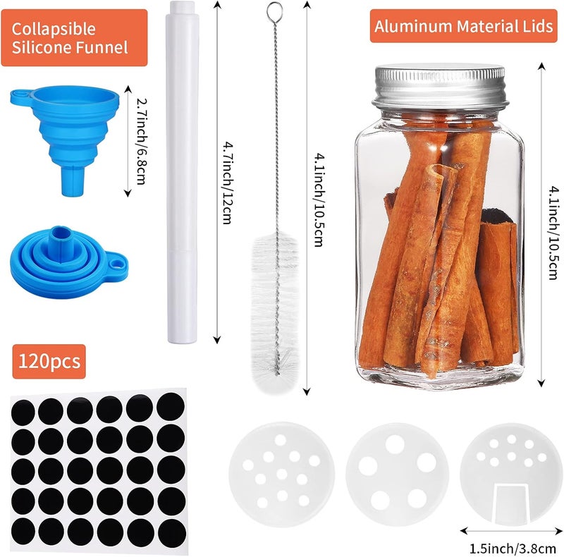 Fashionwu 24 Pack Glass Spice Jars with Spice Labels 4oz Empty Square Glass Jars with 3 Types Filter Lids and Metal Airtight Caps Clear  - Image 3