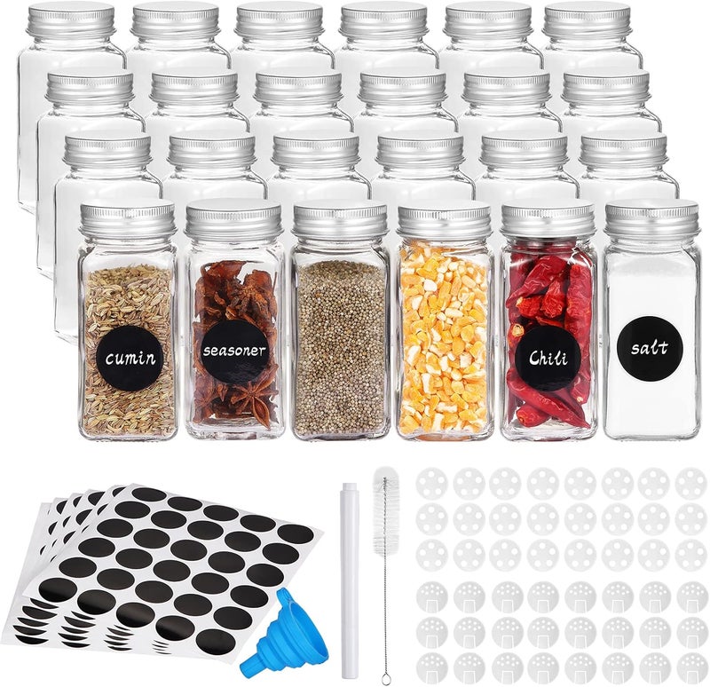 Fashionwu 24 Pack Glass Spice Jars with Spice Labels 4oz Empty Square Glass Jars with 3 Types Filter Lids and Metal Airtight Caps Clear  - Image 1