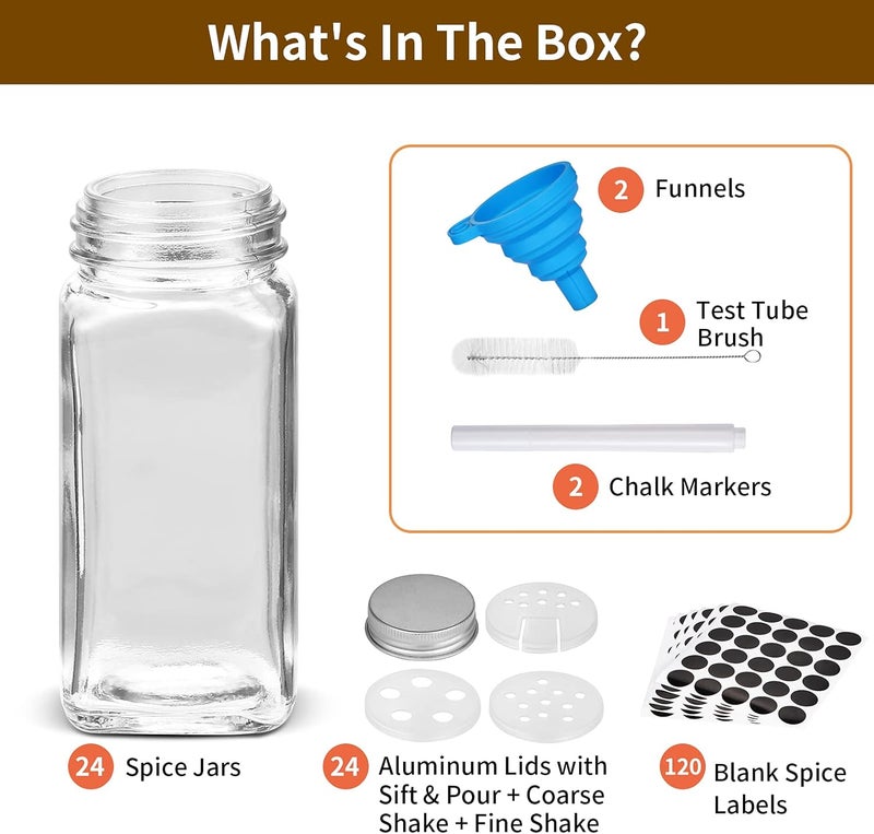 Fashionwu 24 Pack Glass Spice Jars with Spice Labels 4oz Empty Square Glass Jars with 3 Types Filter Lids and Metal Airtight Caps Clear  - Image 2