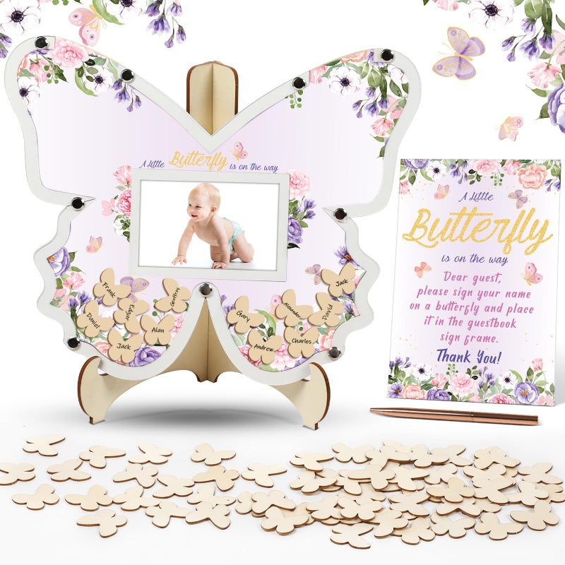 gisgfim 64 PCS Butterfly Baby Shower Decorations Guest Book Alternatives for Baby Shower Girl Wooden Baby Shower Sign in Photo Guest Book Baby Shower Picture Frame Keepsakes for Guests Birthday Favors Purple