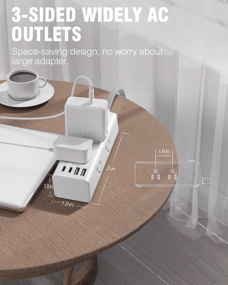 One Beat 10 Ft Small Power Strip Surge Protector for Travel Office Dorm Home, Extension Cord with 6 Widely Outlets 3 USB Ports (1 USB C), 3-Side Outlet Extender Strip, Flat Plug, Wall Mount - Image 4