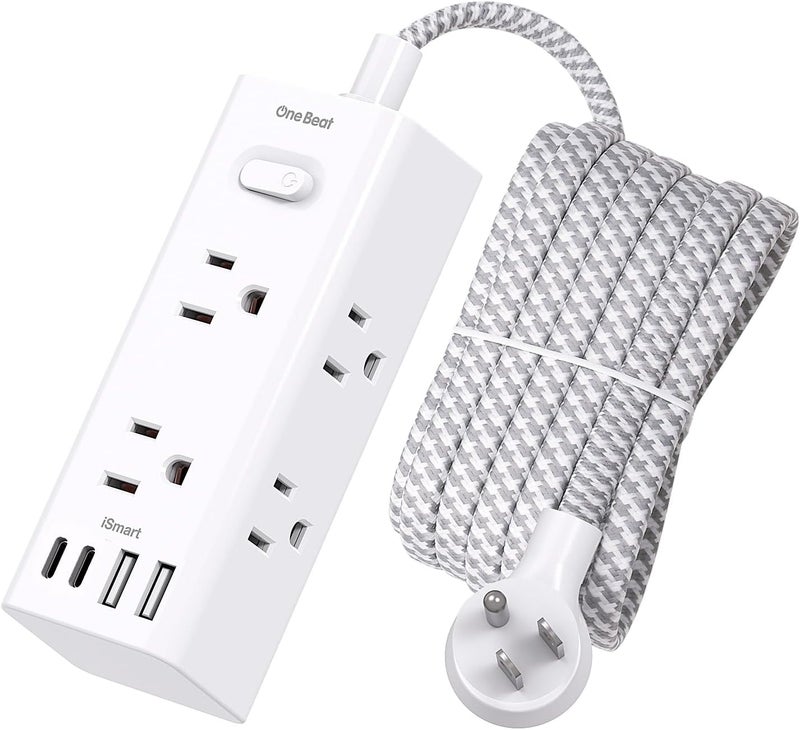 One Beat 10 Ft Small Power Strip Surge Protector for Travel Office Dorm Home, Extension Cord with 6 Widely Outlets 3 USB Ports (1 USB C), 3-Side Outlet Extender Strip, Flat Plug, Wall Mount - Image 1