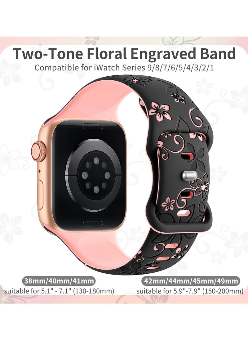 DKNG - Apple Watch Series 10 Band, Flower Engraved Strap Compatible Apple Watch Band 42mm 44mm 45mm 46mm 49mm Ladies, Lovely Flowers iWatch Band iWatch Series Sport Band for the iWatch Series SE 10 9 8 7 6 5 4 3 2 1 Ultra - Image 1