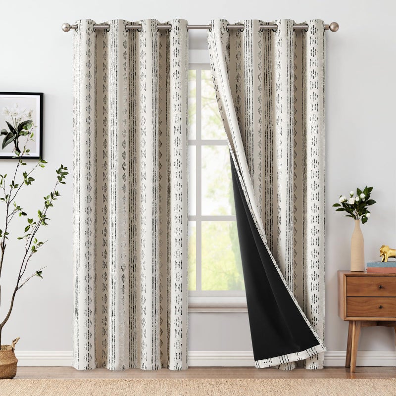 jinchan 95% Blackout Boho Curtains 84 Inches Long for Bedroom Living Room Black on Beige Geometric Printed Grommet Top Room Darkening Thermal Insulated Window Drapes 2 Panels - Image 1