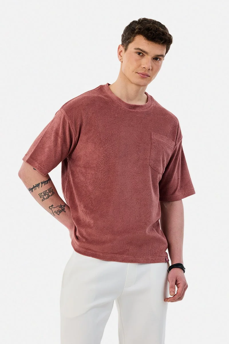 سنيتش Dusty Pink Textured Half Sleeve Oversized Streetwear T-Shirt