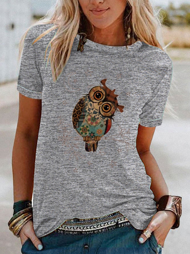 Wish Fun Owl Pattern Printed Contrast Short Sleeve T-Shirt For Women - Image 1