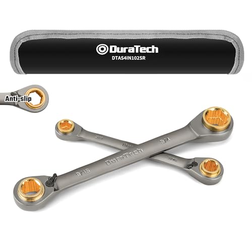 DURATECH Antislip 4in1 Reversible Ratcheting Box Wrench Set Double Box End SAE 2Piece 516 38 716 12 916 58 1116 34Inch CRV Steel Nickel Plated with Rolling Pouch - Image 1