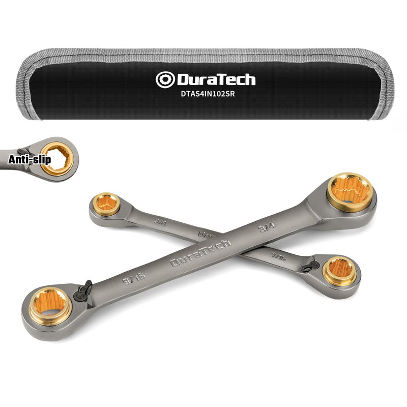 DURATECH Antislip 4in1 Reversible Ratcheting Box Wrench Set Double Box End SAE 2Piece 516 38 716 12 916 58 1116 34Inch CRV Steel Nickel Plated with Rolling Pouch - Image 2