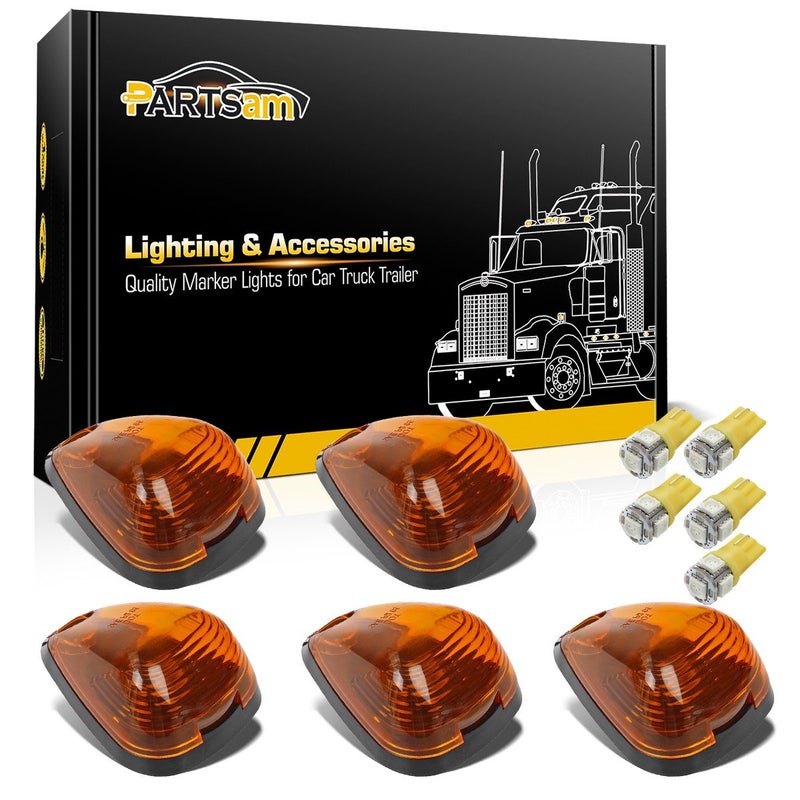Partsam 5X Amber Cab Marker Roof Lights 264143AM+ 5X Amber T10 LED Lights Assembly Compatible with Ford E150 E250 E350 E450 F150 F250 F350 F450 F550 Super Duty with Stock Cab Light 1999-2016 - Image 1
