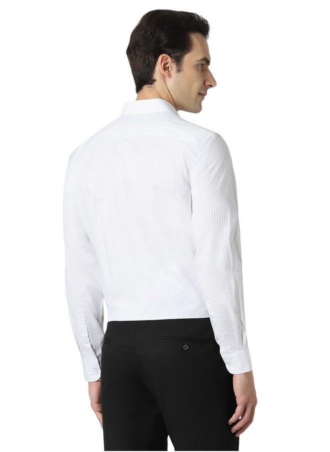 Peter England Peter England Men's Regular Fit Full Sleeve Striped Formal Shirt | Cotton Rich | Wonder Fabric | Premium Dobby Weave White  - Image 3