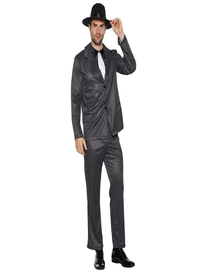 EraSpooky Men's 1920s Gangster Costume Wide Pin Stripe Suit Include Jacket Pants Shirt Front with Attached Necktie - Image 1