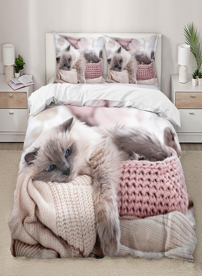 AILONEN Cat Duvet Cover Set, Twin Size, Kawaii Pet Animal Cat Lover Comforter Cover Set, 3 Pieces, 1 Quilt Cover and 2 Pillowcases - Image 1