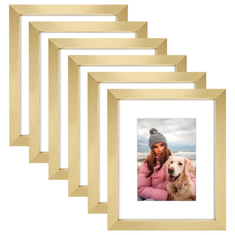 AUEAR 8x10 Picture Frames Set of 6  with Mat for 5x7 or 8x10 without Mat  Composite Wood Gallery Photo Frames with Plexiglass  Wall Mounting (Gold) - Image 1