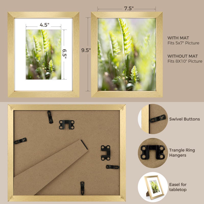 AUEAR 8x10 Picture Frames Set of 6  with Mat for 5x7 or 8x10 without Mat  Composite Wood Gallery Photo Frames with Plexiglass  Wall Mounting (Gold) - Image 2