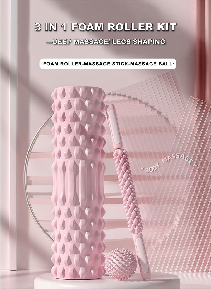 Pink 3-in-1 Massage Set​ – Foam Roller + Massage Stick + Fascia Ball. Effectively relieves muscle soreness caused by exercise, relaxes the whole body. Portable yoga equipment, sports gear, and home workout tool. - Image 1
